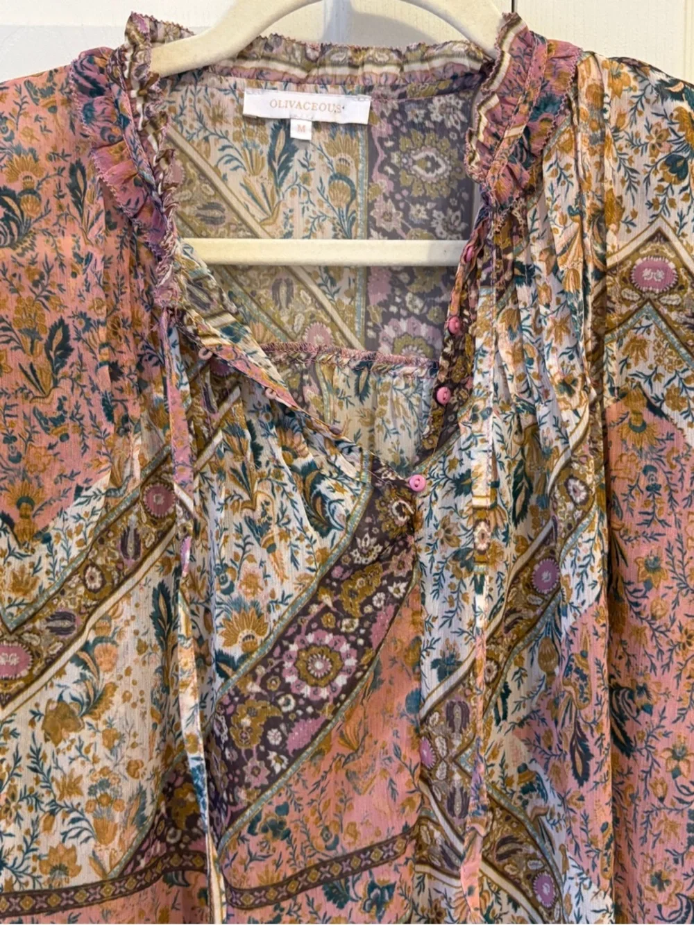 Olivaceous Pink and Gold Paisley Ruffle Blouse - Picture 3 of 4